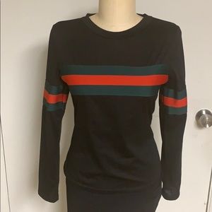 Black Crew Neck LS Tee with Red and Green Stripes